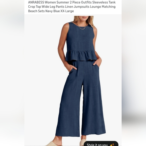 Amazon Pants - ANRABESS 2 Piece Outfits Sleeveless Tank Crop Top Wide Leg Pants, XXL, Deep Navy